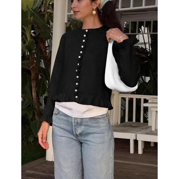 Alljoin Women Black Long Sleeve Solid Knit Cardigan Casual Crewneck Sweater - Picture 3 of 7